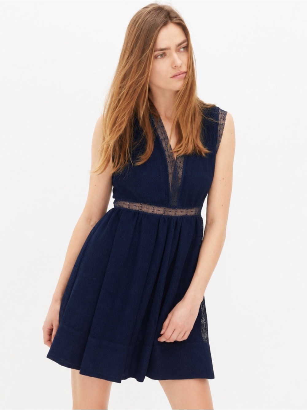 Sandro Navy Sleeveless Lace-Trim Mini Dress